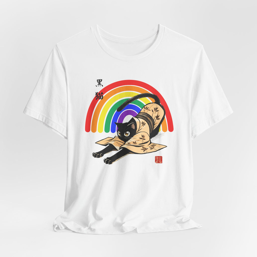 Rainbow Kuro Neko T-Shirt | Yoga Cat Shirt in Black Cat Kimono Design - Kimono Cats Collection