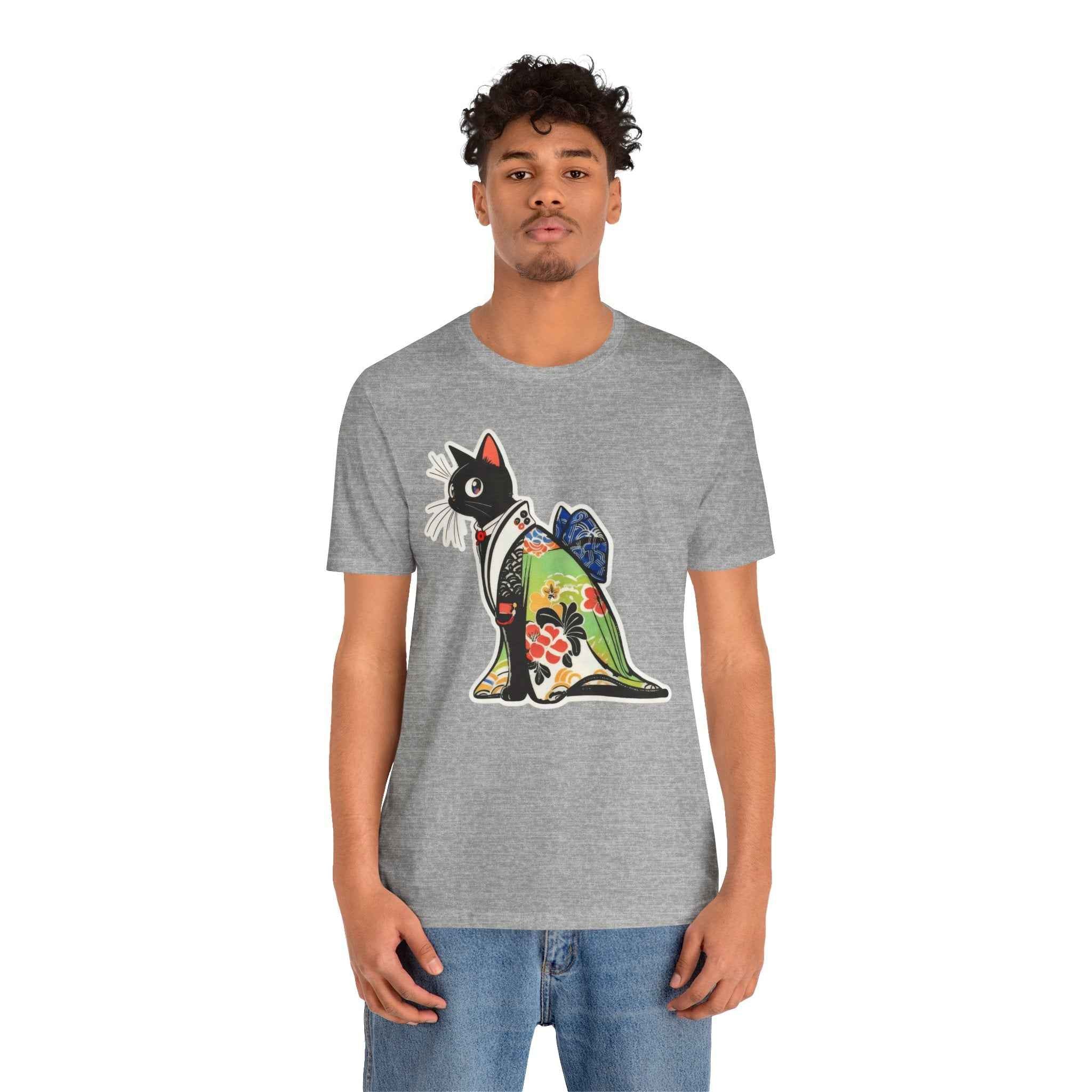Cat Kimono T‑Shirt — Japanese Floral Black Cat Graphic Tee