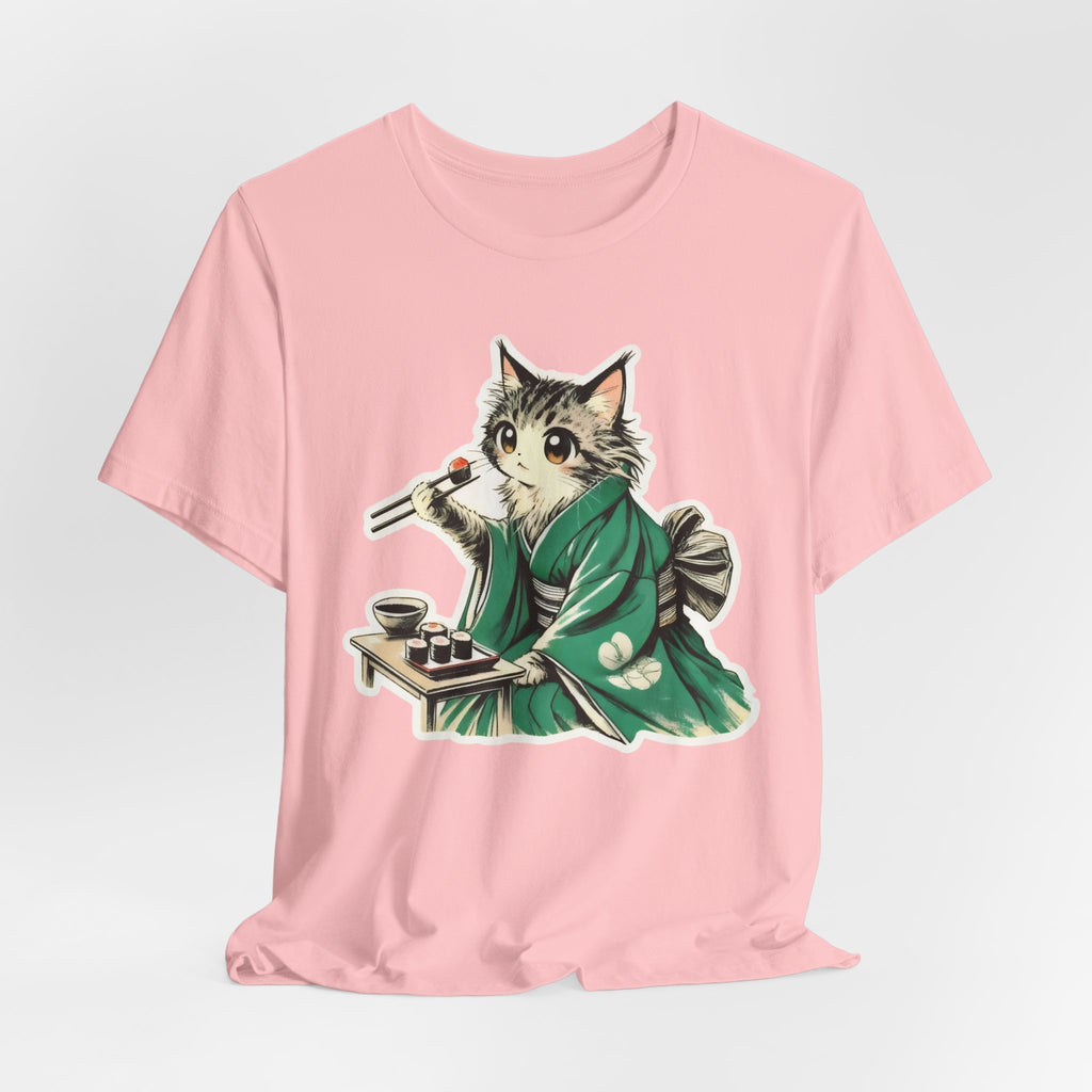 Kat Wearing Kimono Eating Sushi T-Shirt | Cute Japanese Cat Illustration