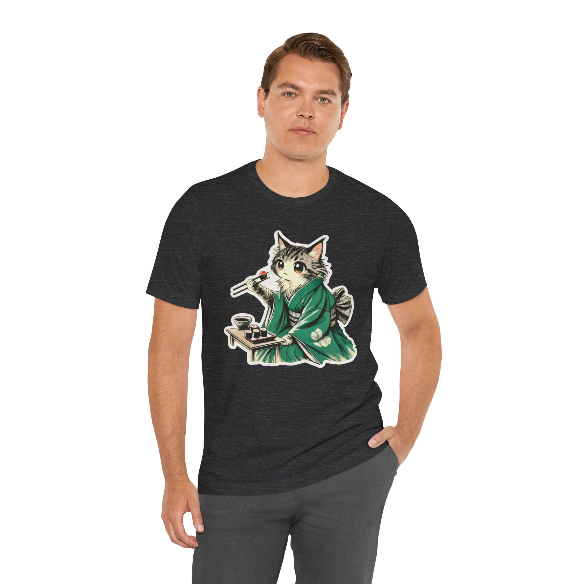 Kat Wearing Kimono Eating Sushi T-Shirt | Cute Japanese Cat Illustration