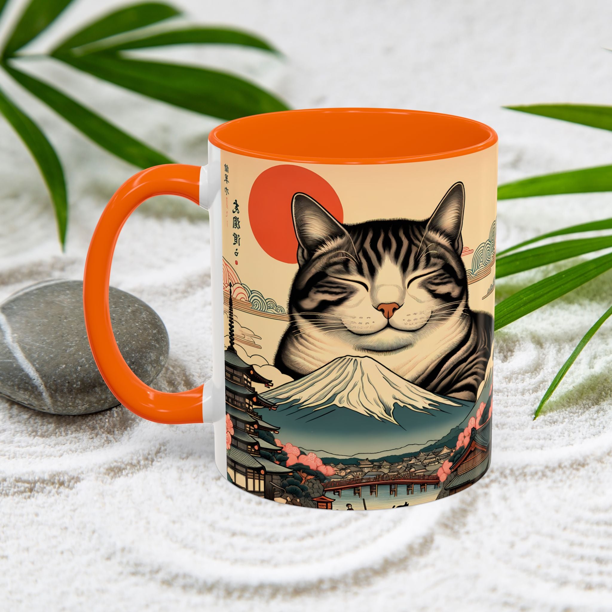 Japanese Fuji Cat Mug - Ukiyo-e Style Gift for Cat Lovers, Pet Mom Coffee Cup, Sleepy Neko Art Design