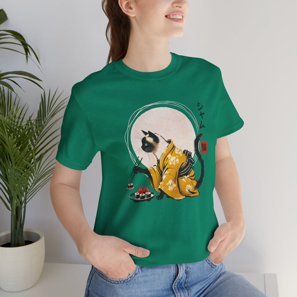 Siamese Cat Tee - Kimono Cat Eating Sushi T-Shirt, Japanese Neko