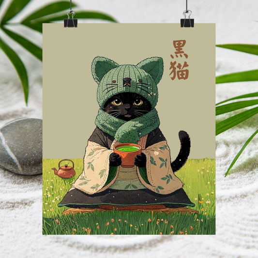 Gemütliche schwarze Katzenteekunst – Matcha-Liebhaber-Wanddruck 🐾🍵