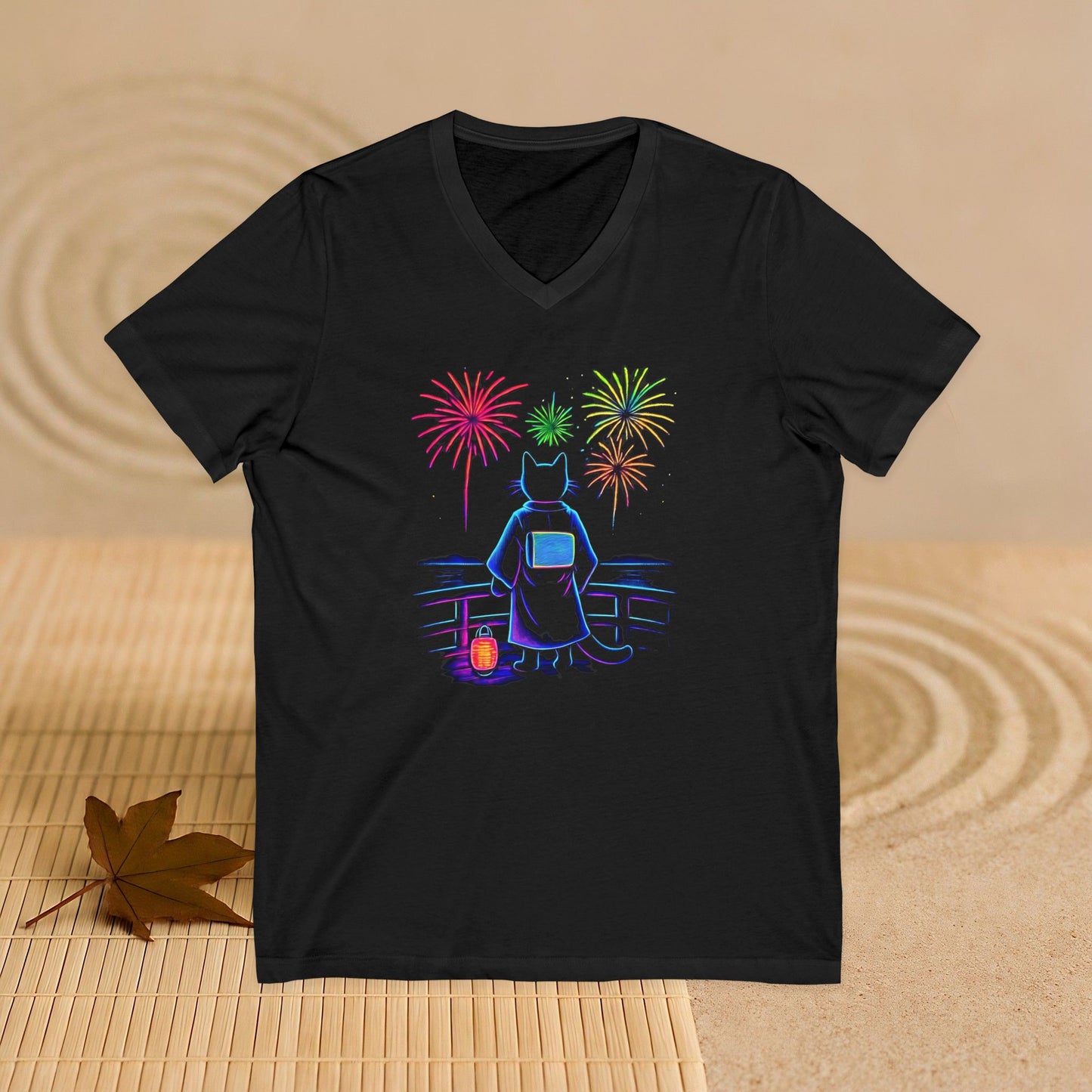 V-Neck Tee Cat Watching Fireworks - Unisex