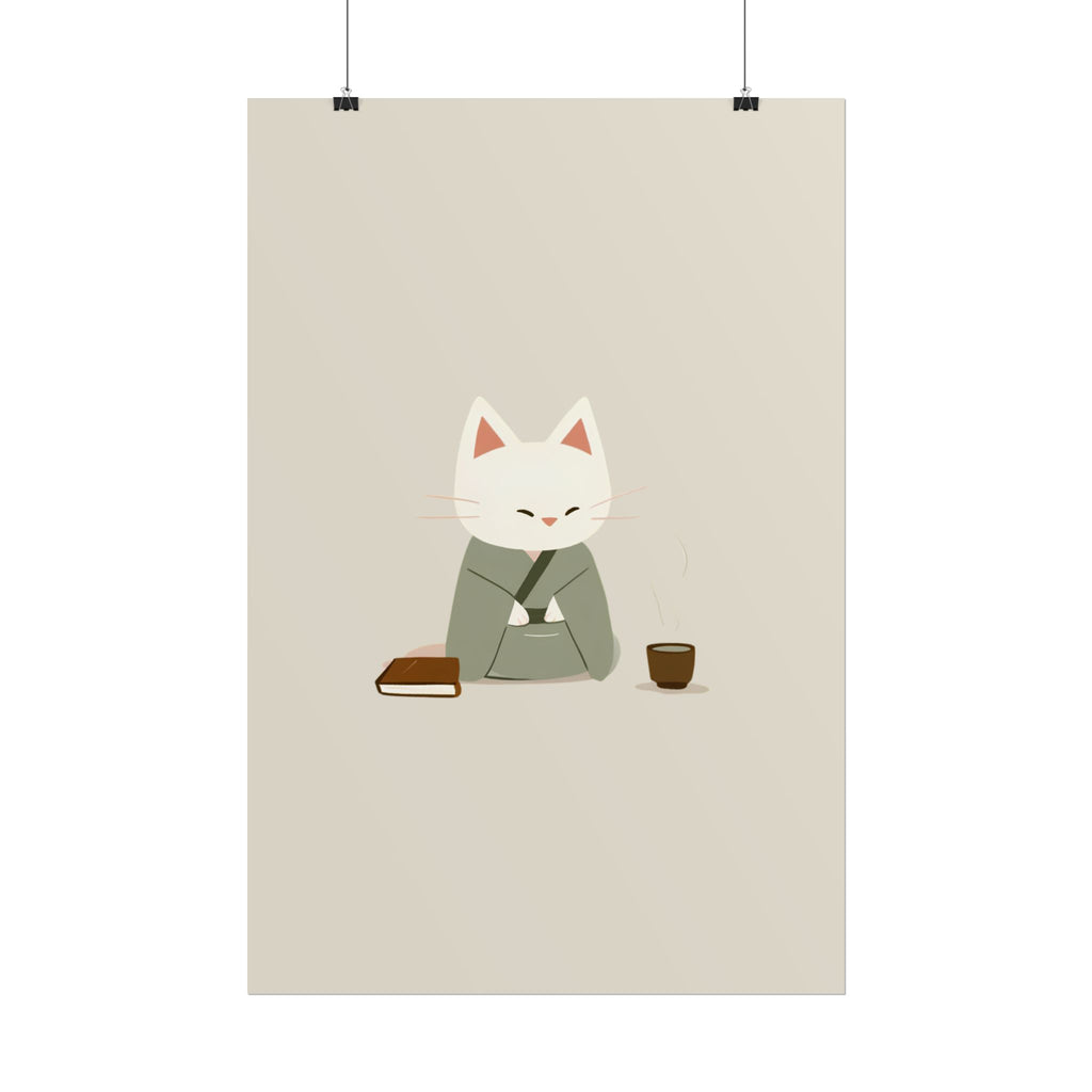 Zen Cat Poster – Minimalist Japanese Tea & Book Wall Art