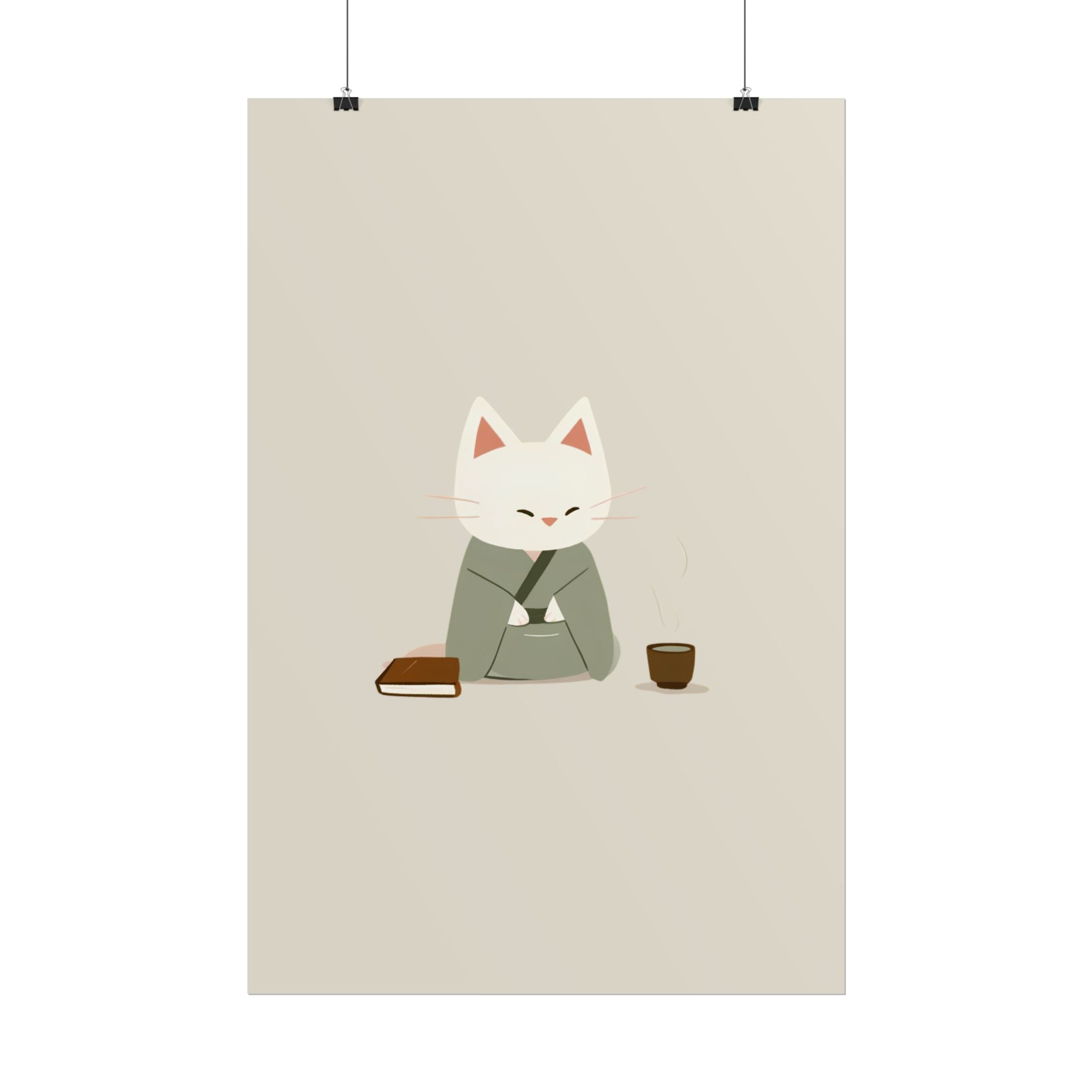 Zen Cat Poster – Minimalist Japanese Tea & Book Wall Art