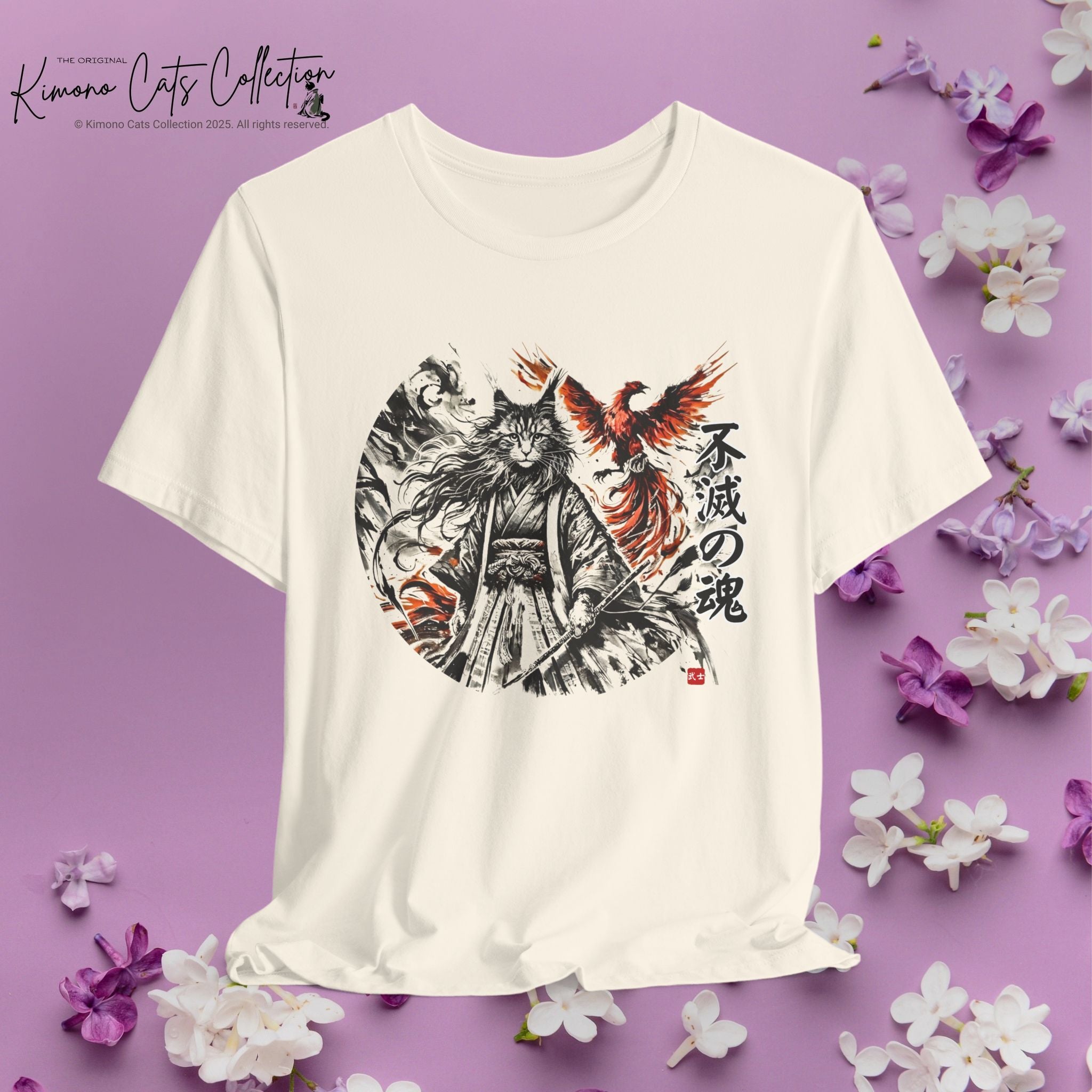 Indestructible Soul – 不滅の魂 | Samurai Cat & Phoenix T-Shirt