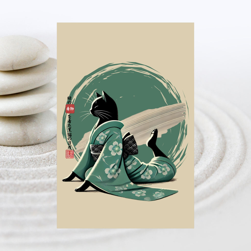 Yoga Black Cat in Green Kimono - Japanese Art Print