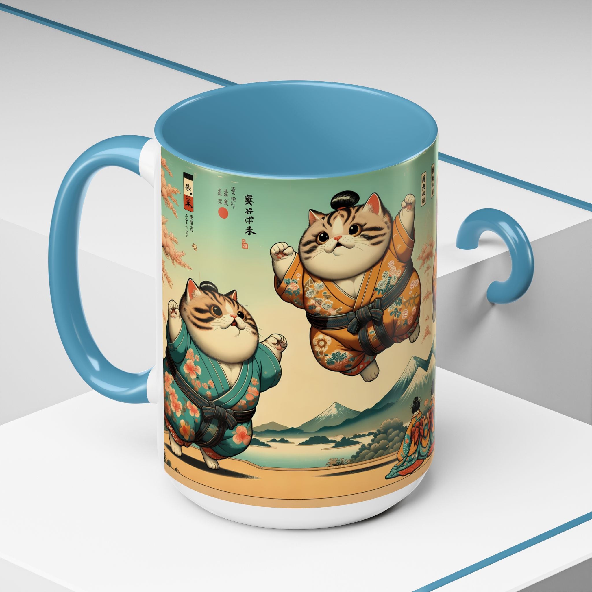 Sumo Cats Mug with Japanese Cherry Blossoms Design - Kimono Cats Collection