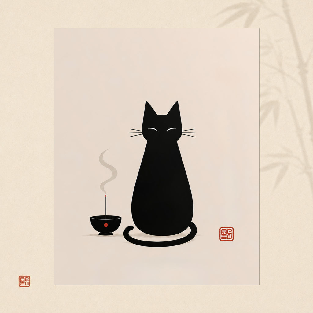 Rolled Poster — Minimal Black Cat & Tea Illustration