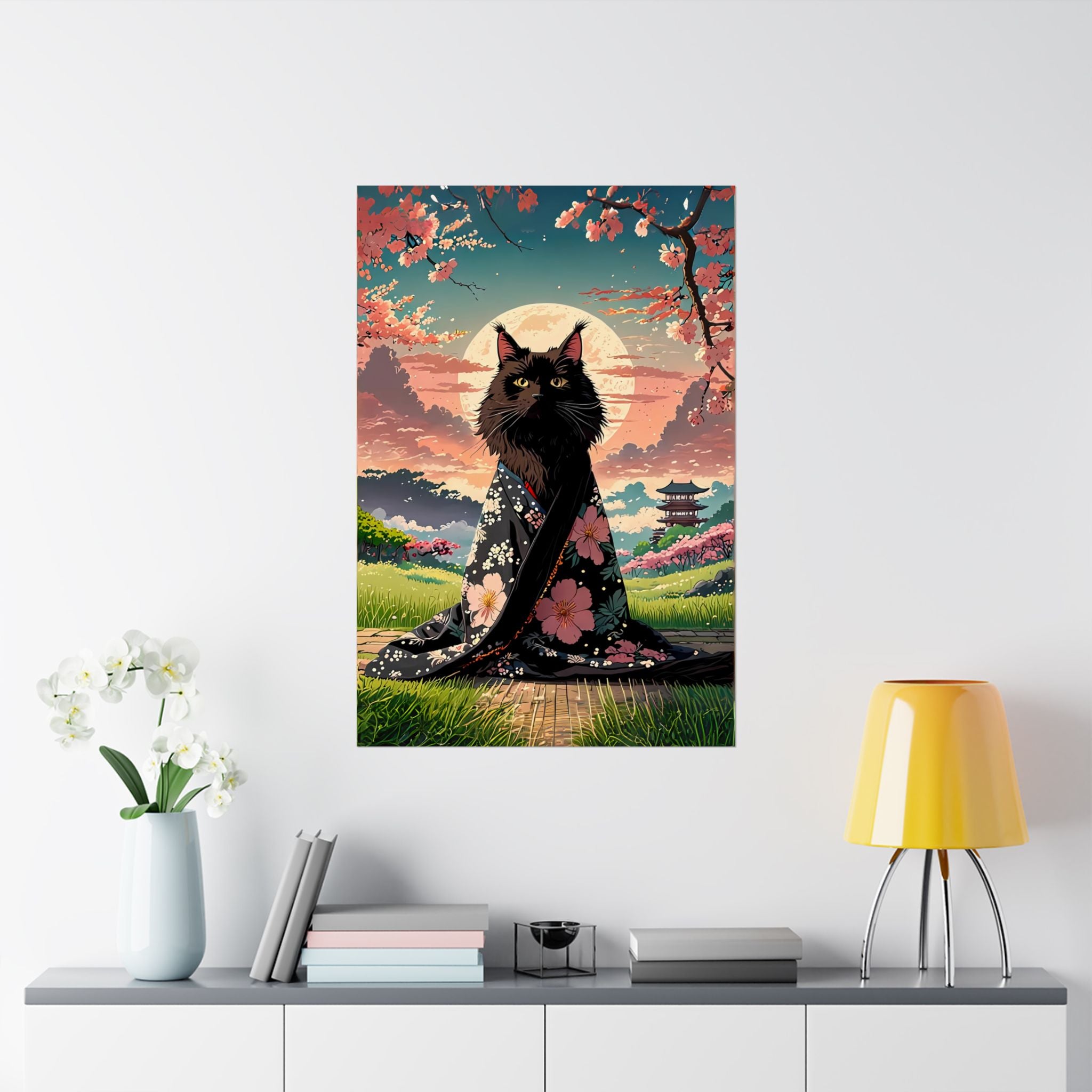 Moonlit Black Cat in Kimono – Japanese Cherry Blossom Art Print 🐾🌸🌙