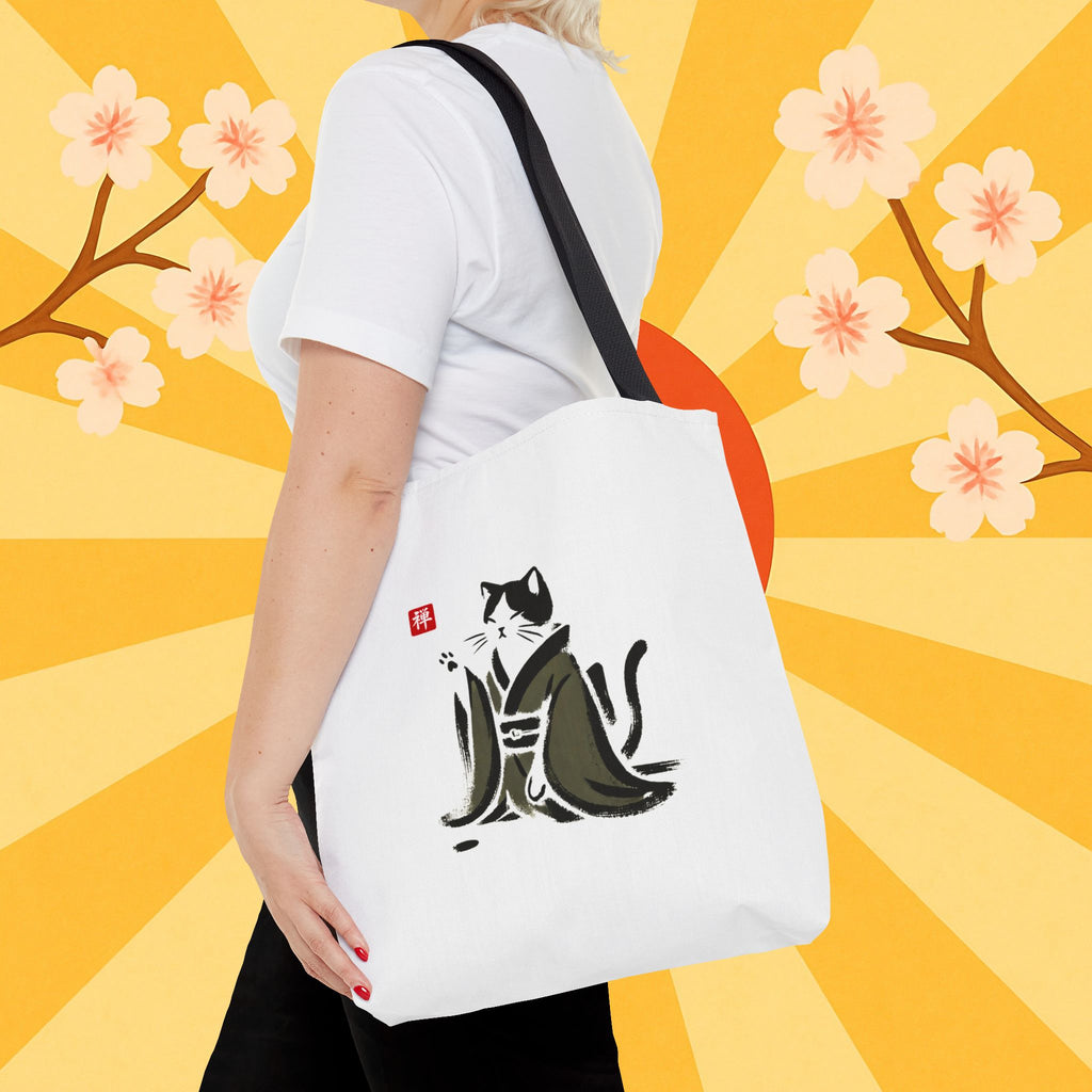 Zen Cat Tote Bag — Japanese Sumi-e Style Cat Illustration