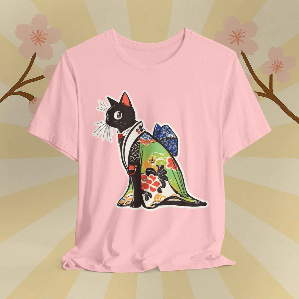 Cat Kimono T‑Shirt — Japanese Floral Black Cat Graphic Tee
