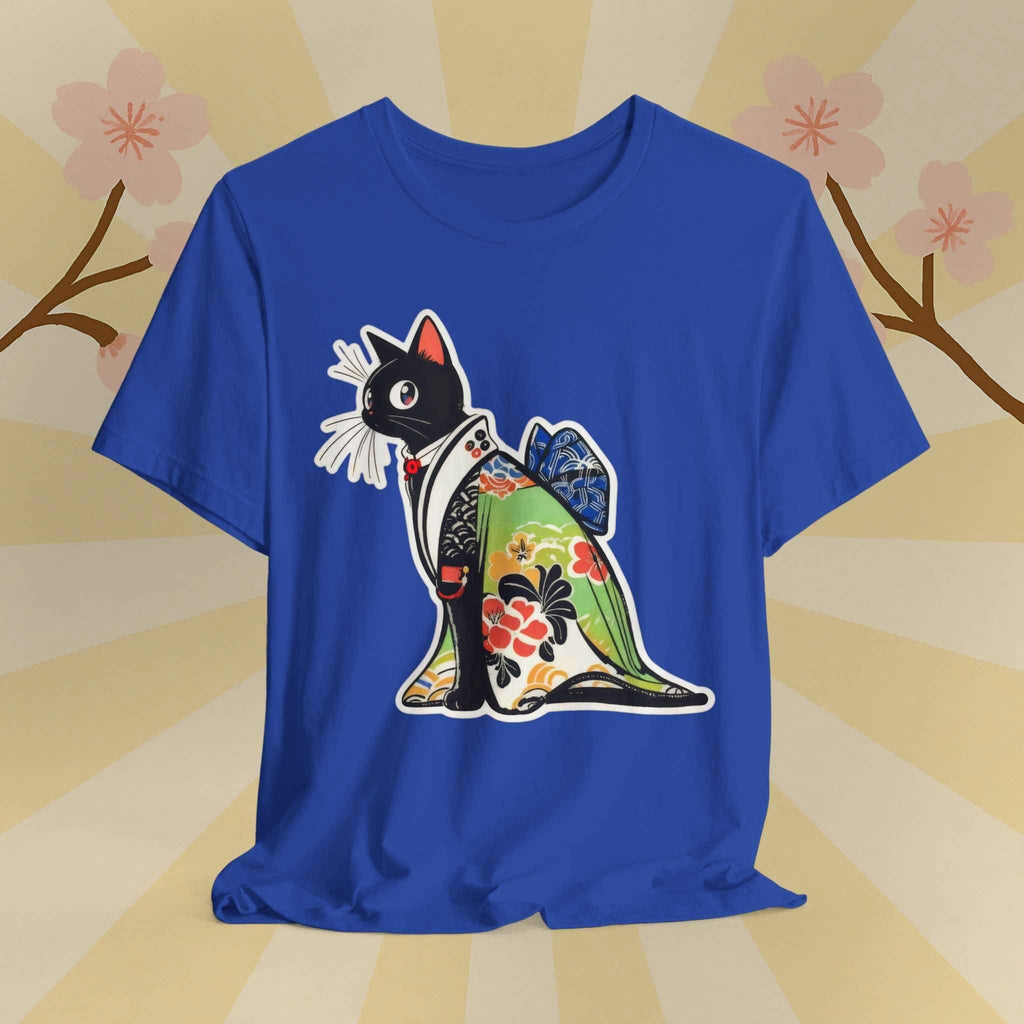Cat Kimono T‑Shirt — Japanese Floral Black Cat Graphic Tee