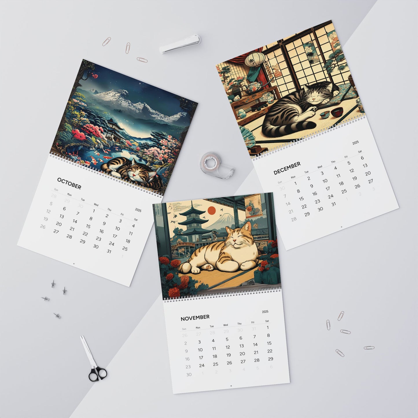 Wandkalender 2025: Schläfrige Katzen aus Edo, Japan