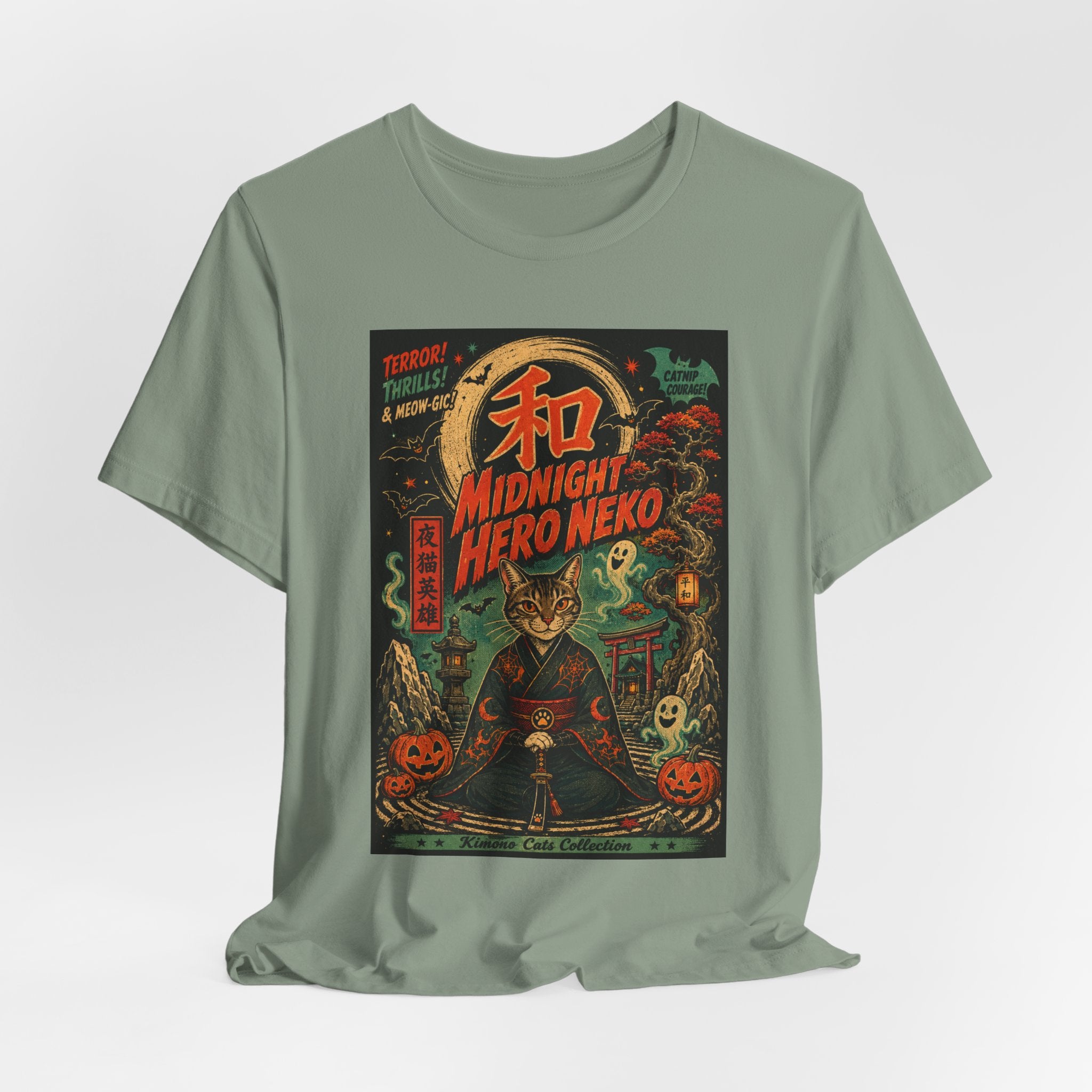 Midnight Hero Neko Tee — Vintage Halloween Cat Graphic T-Shirt