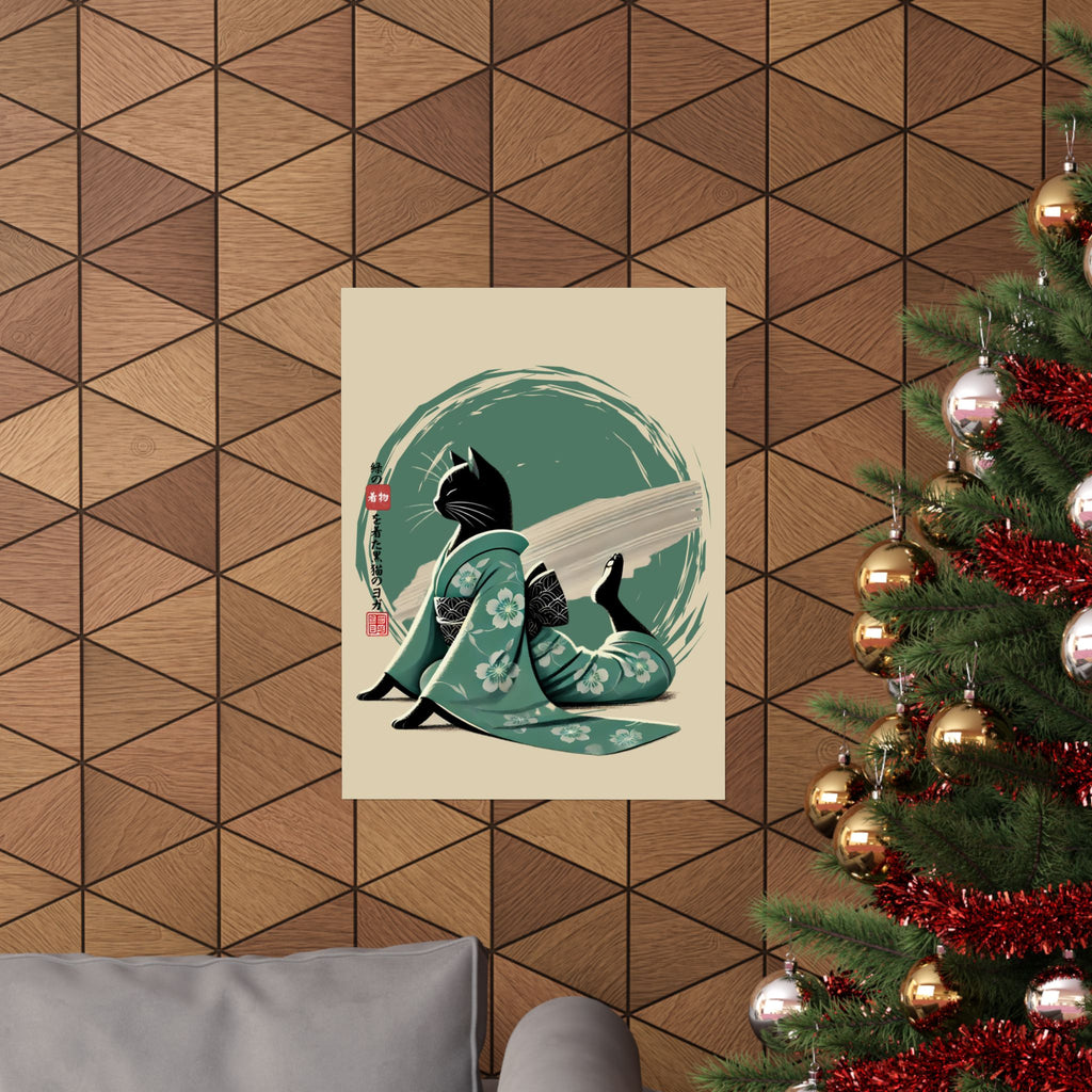 Yoga Black Cat in Green Kimono - Japanese Art Print