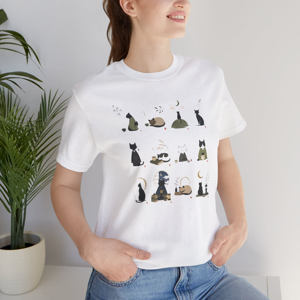 Cat Silhouettes Grid Tee - Minimal Nighttime Cat Art T-Shirt