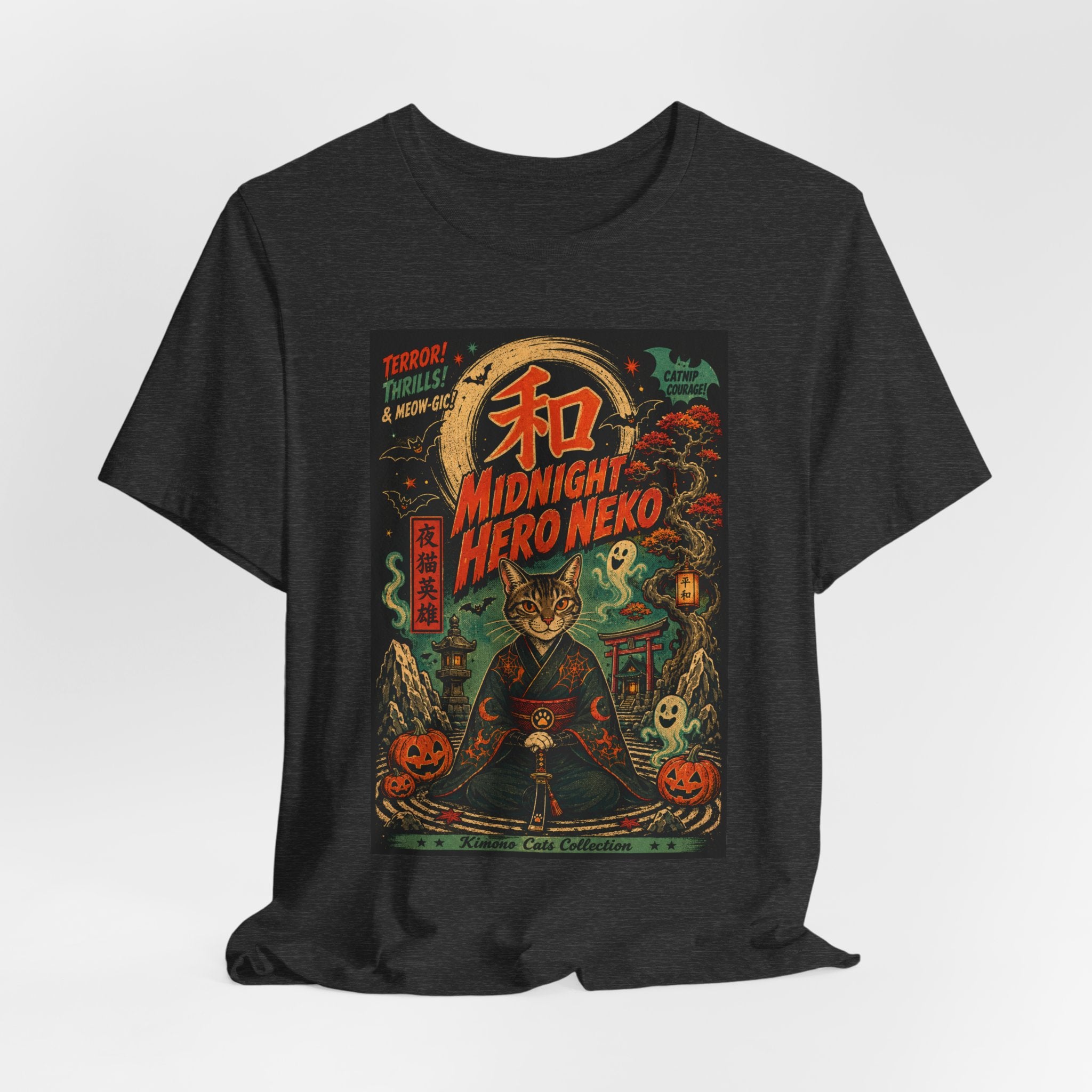 Midnight Hero Neko Tee — Vintage Halloween Cat Graphic T-Shirt
