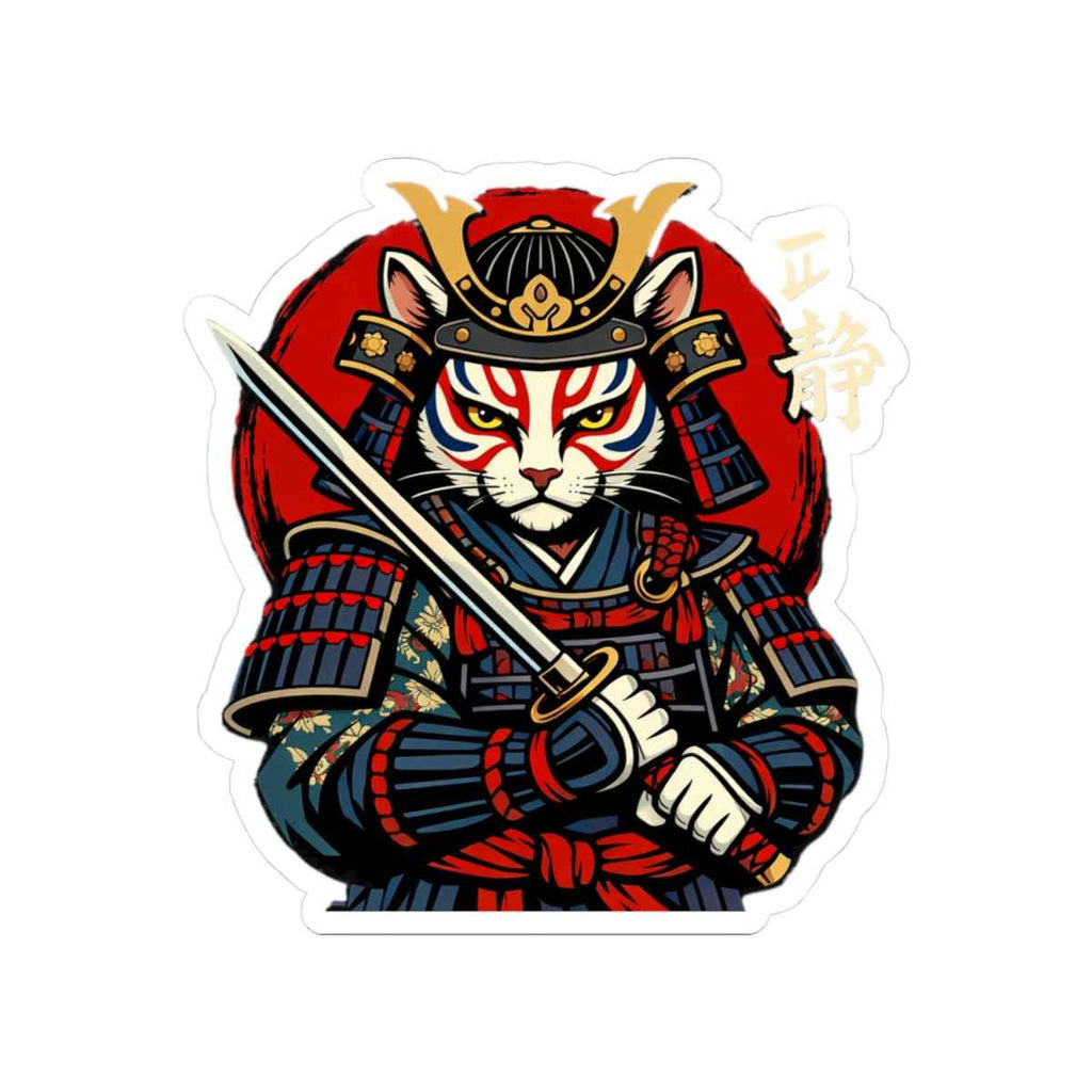 Samurai Cat Illustration Kiss-Cut Sticker | Warrior Kitty Vinyl Decal
