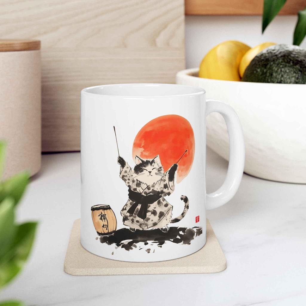 Japanese Sumi-e Taiko Cat & Red Sun Coffee Mug (11oz/15oz)