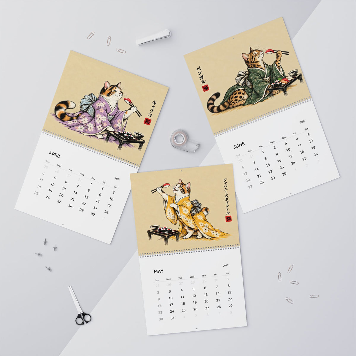 Japanese Cat Sushi Art Wall Calendar 2027