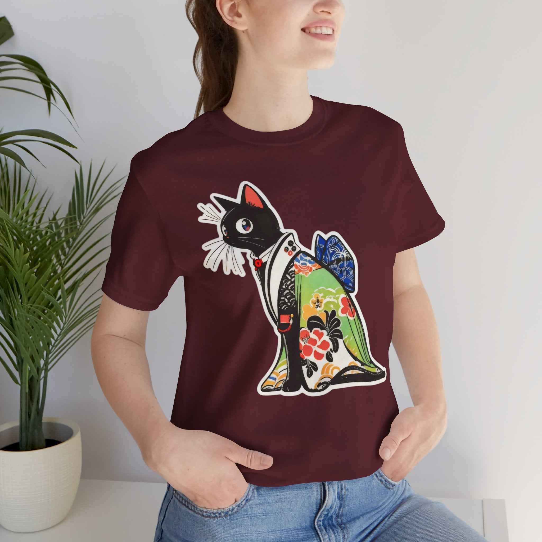 Cat Kimono T‑Shirt — Japanese Floral Black Cat Graphic Tee