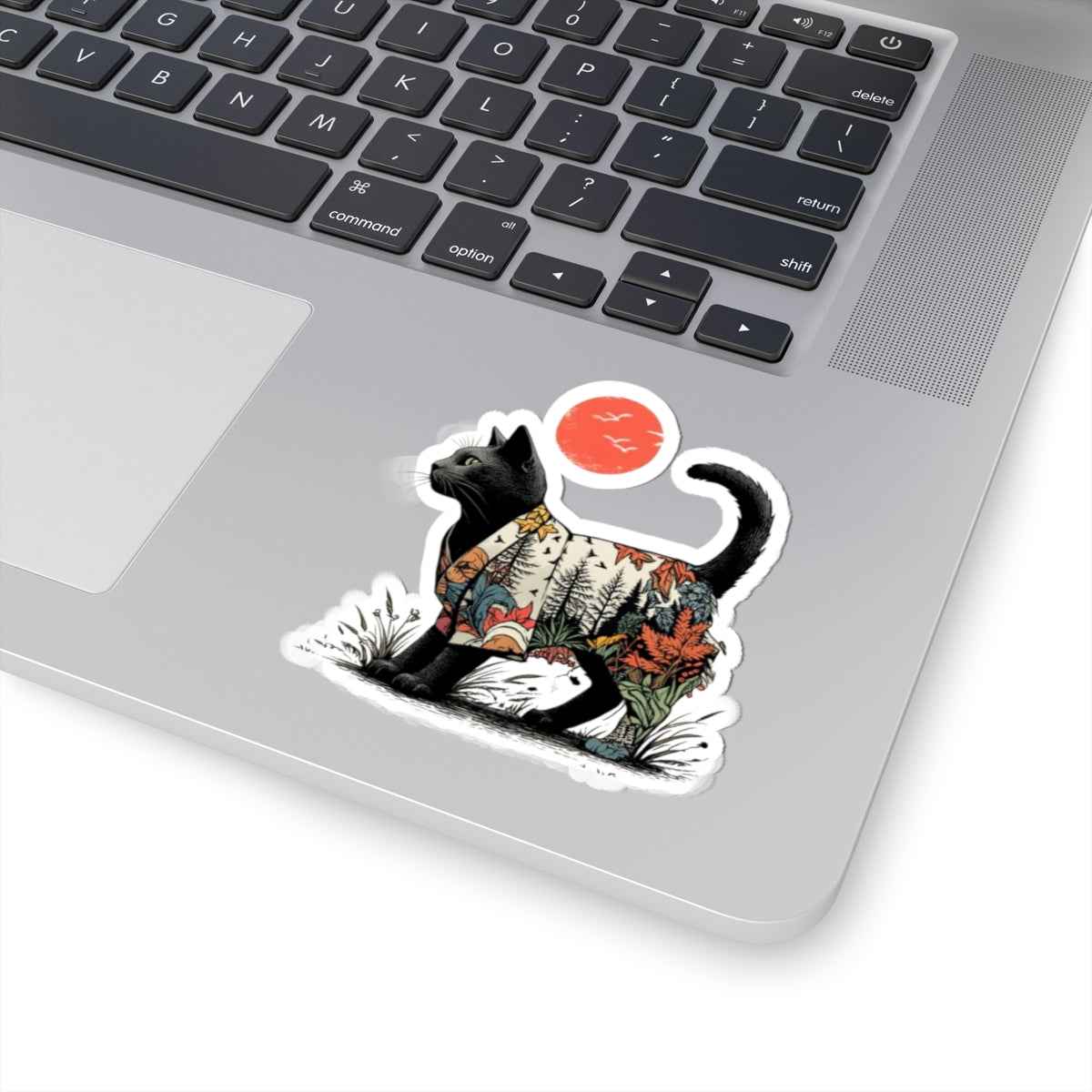Black Cat with Autumn Forest Illustration Kiss-Cut Sticker | Fall Nature