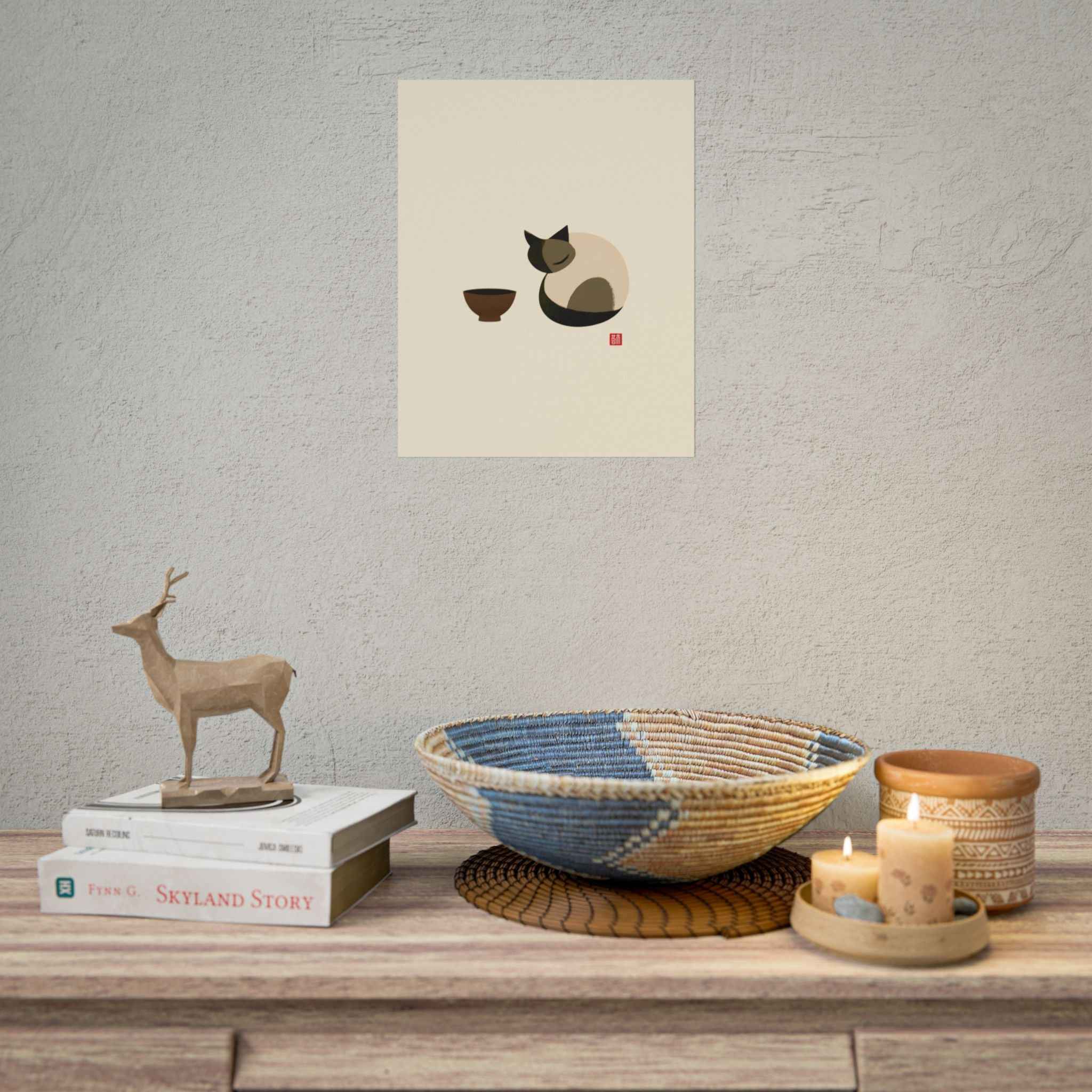 Minimalist Cat & Tea Rolled Poster — Japanese Zen Wall Art