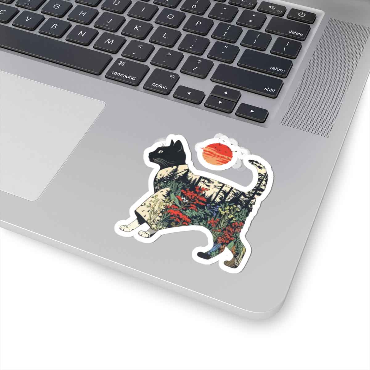 Nature Cat Kiss-Cut Sticker | Forest Landscape Cat with Sun