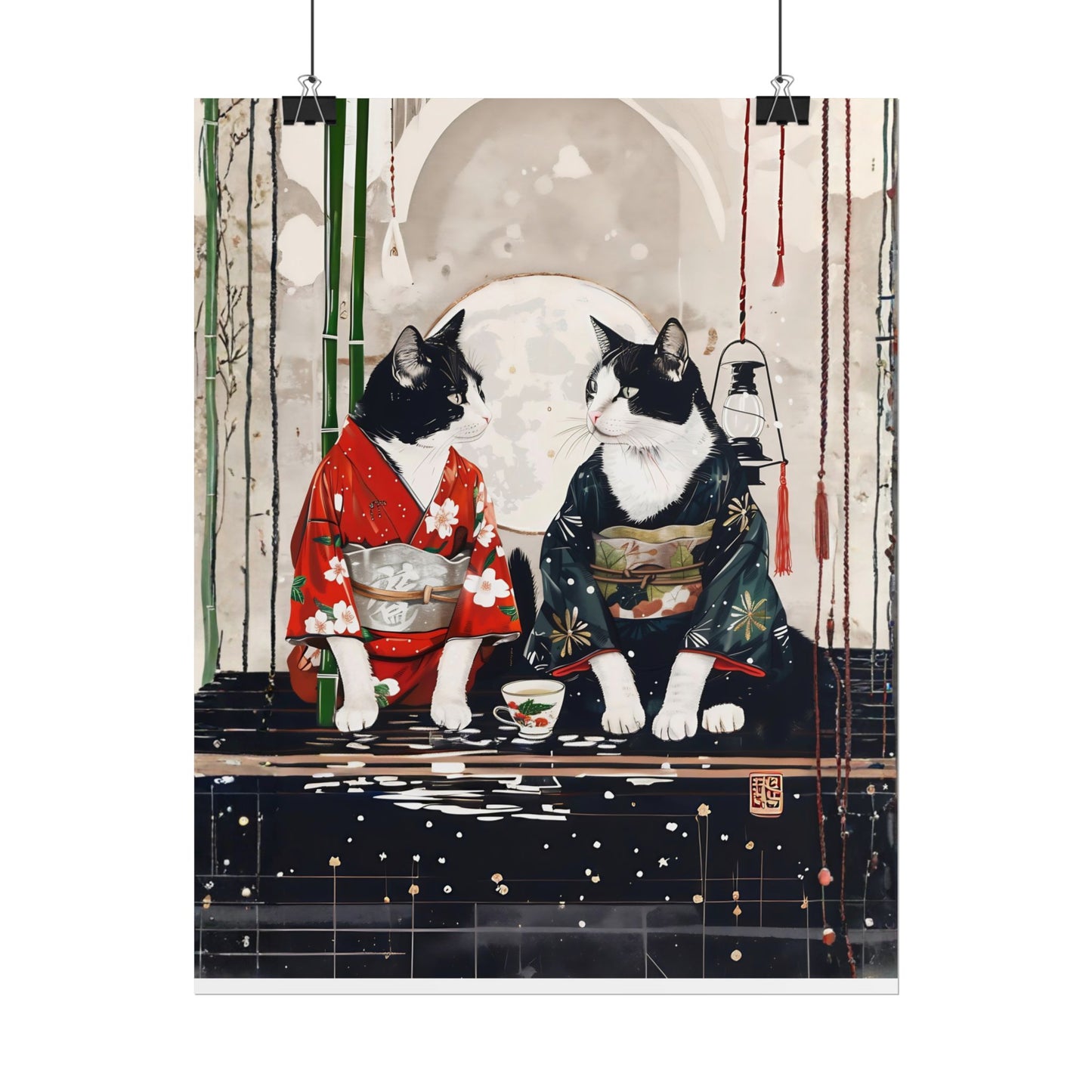 Japanese Kimono Cats Rolled Poster – Tuxedo Cats