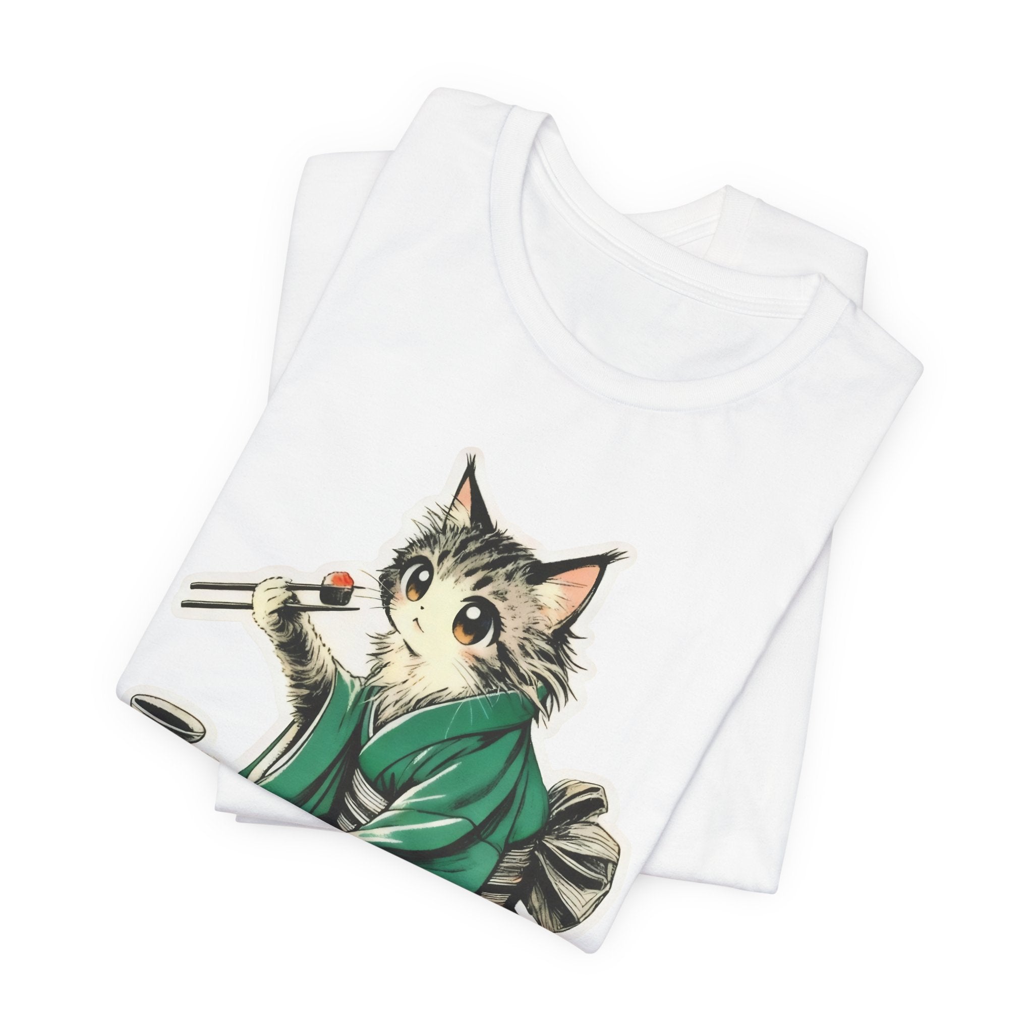 Kat Wearing Kimono Eating Sushi T-Shirt | Cute Japanese Cat Illustration