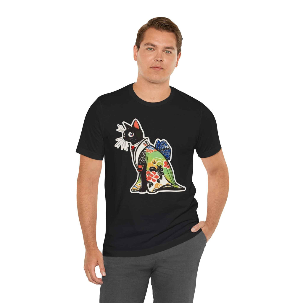Cat Kimono T‑Shirt — Japanese Floral Black Cat Graphic Tee