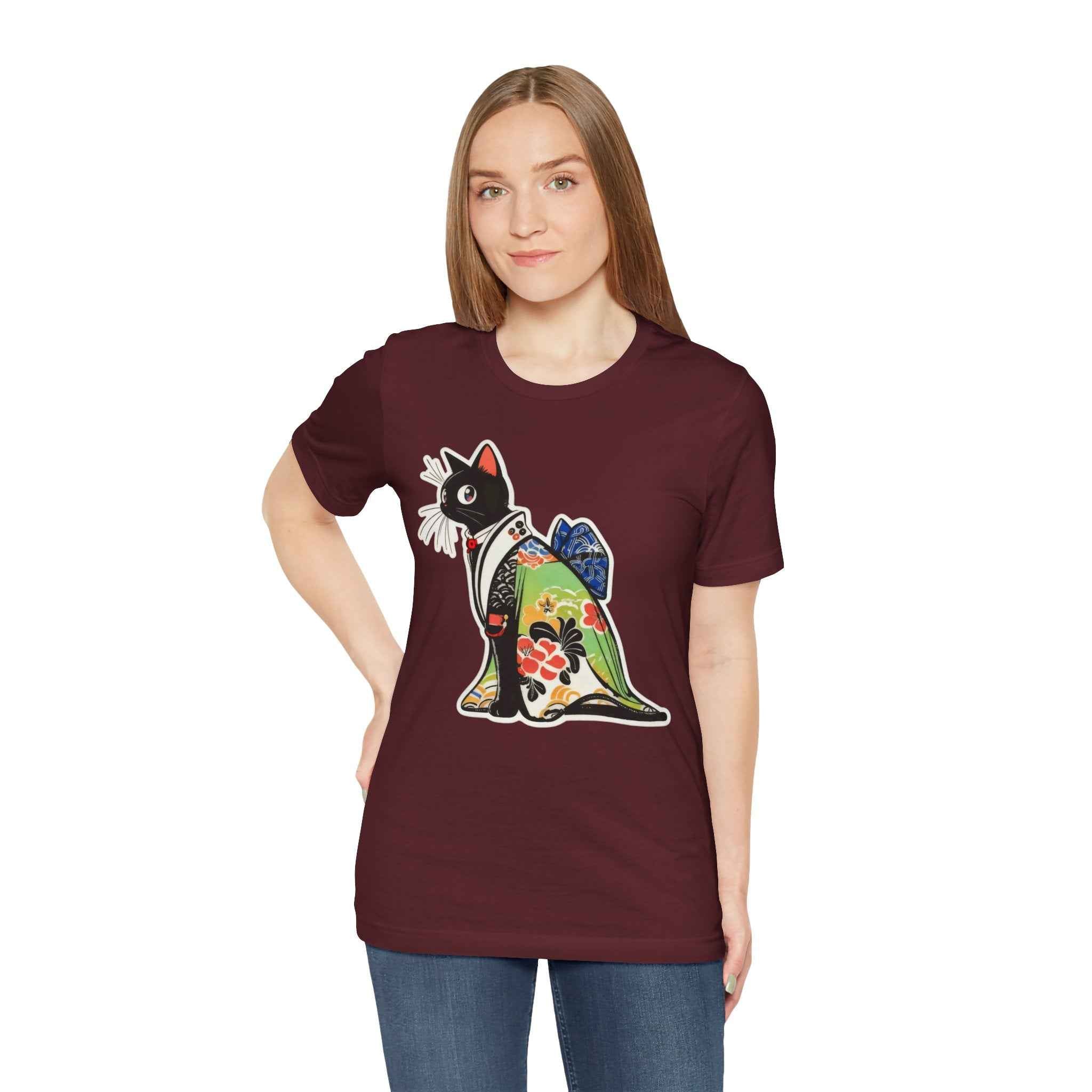 Cat Kimono T‑Shirt — Japanese Floral Black Cat Graphic Tee