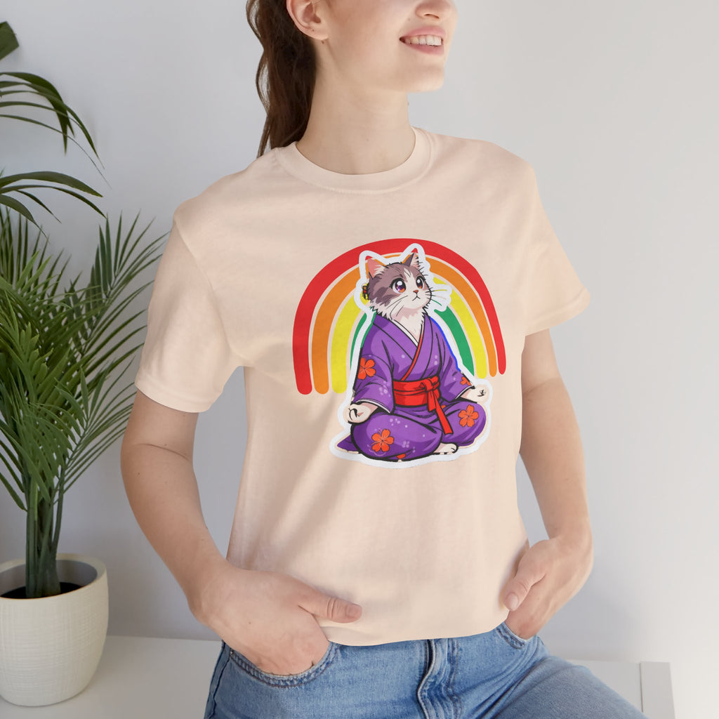 Rainbow Zen Cat Tee | Japanese Meditation Neko Kimono Shirt - Kimono Cats Collection