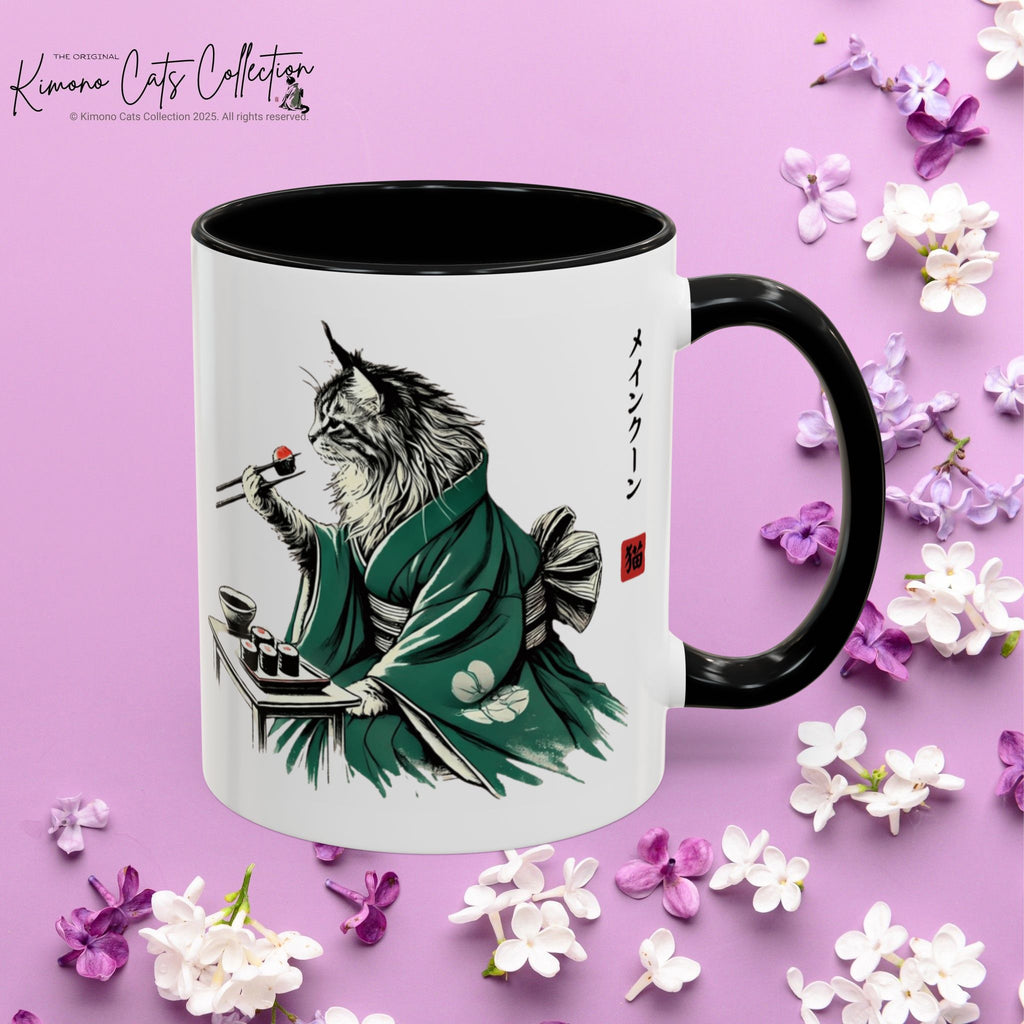 Kimono Cat Coffee Mug, Maine Coon Eating Sushi