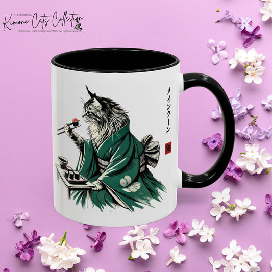 Kimono Cat Coffee Mug - Maine Coon Eating Sushi