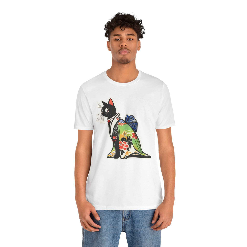 Cat Kimono T‑Shirt — Japanese Floral Black Cat Graphic Tee