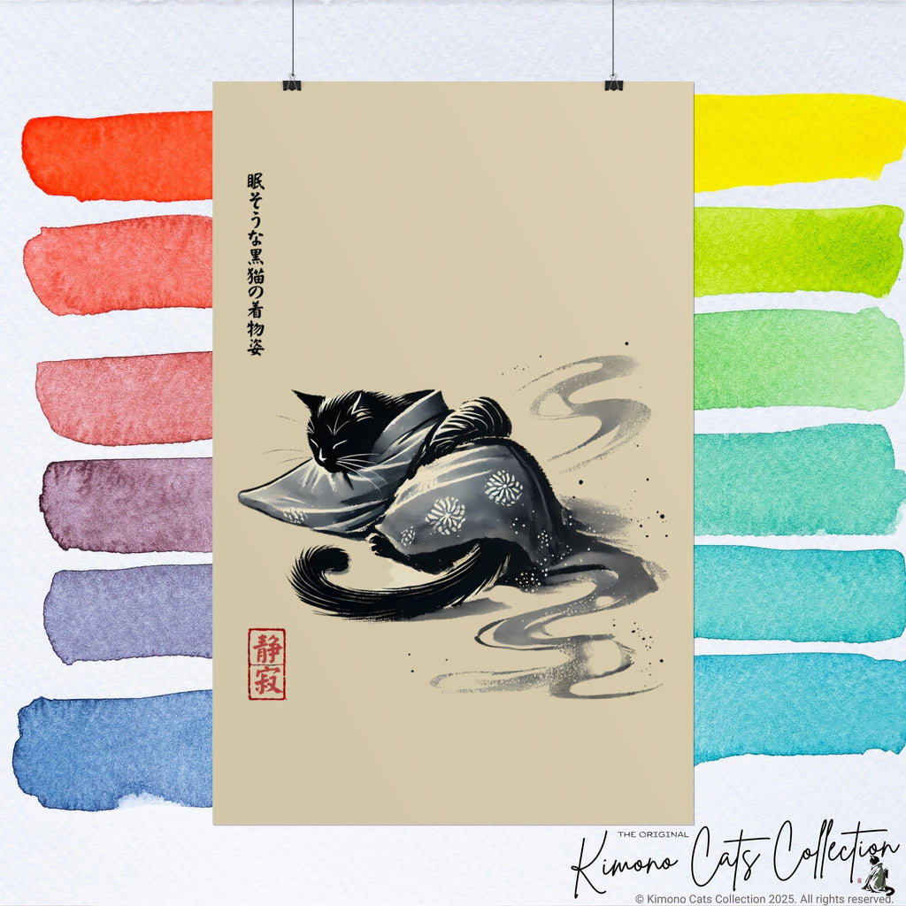 Sleeping Black Cat in Kimono – Sumi-e Zen Art Print