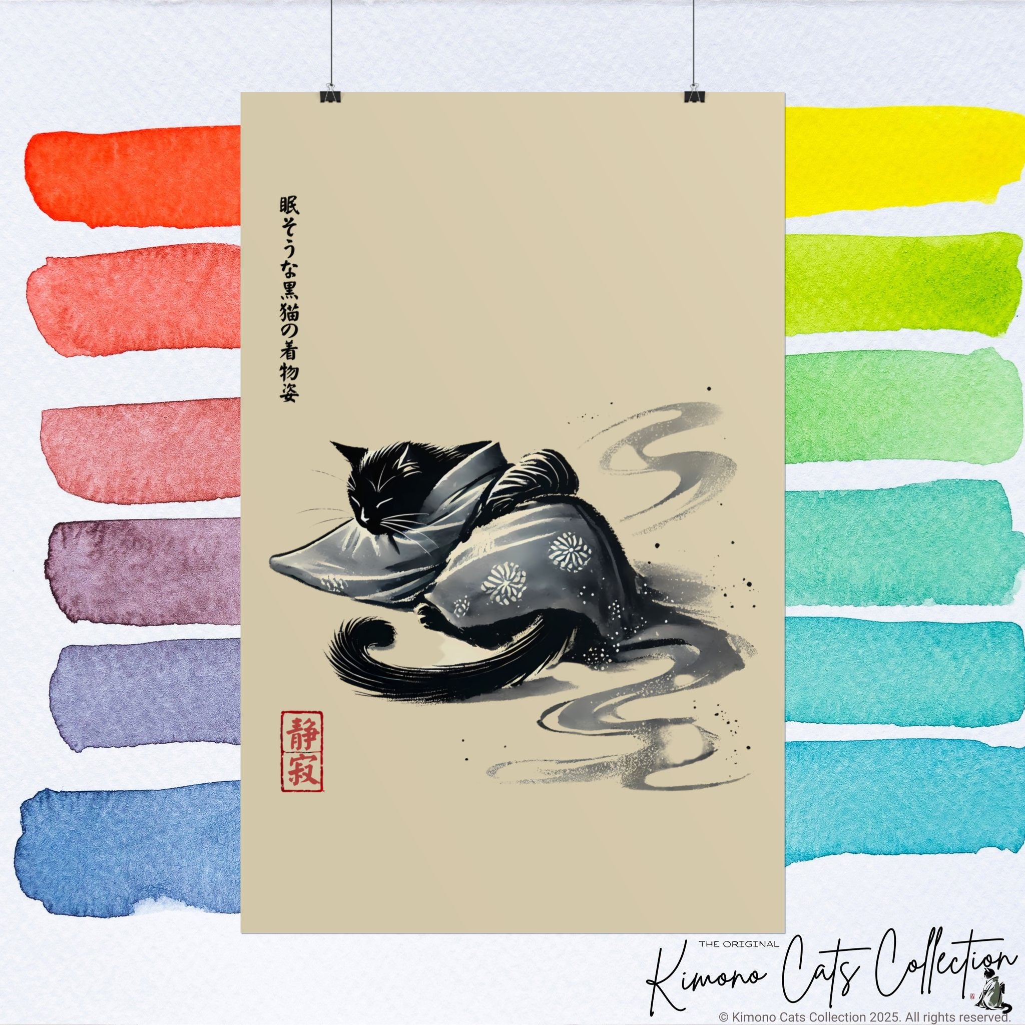 Sleeping Black Cat in Kimono – Sumi-e Zen Art Print
