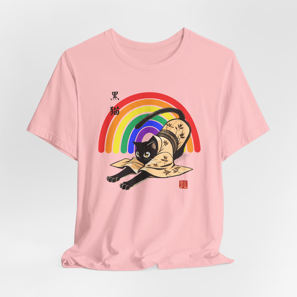 Rainbow Kuro Neko T-Shirt | Yoga Cat Shirt in Black Cat Kimono Design - Kimono Cats Collection