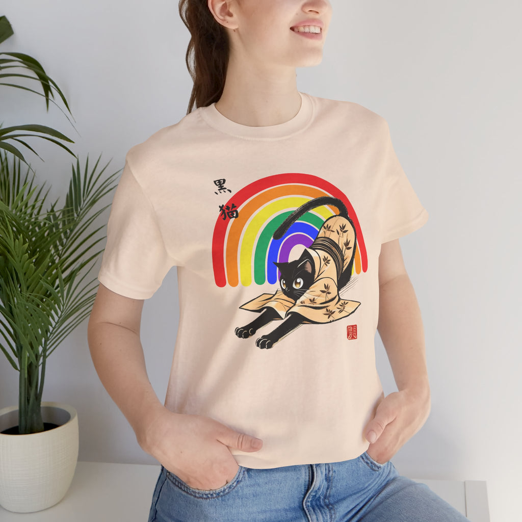 Rainbow Kuro Neko T-Shirt | Yoga Cat Shirt in Black Cat Kimono Design - Kimono Cats Collection