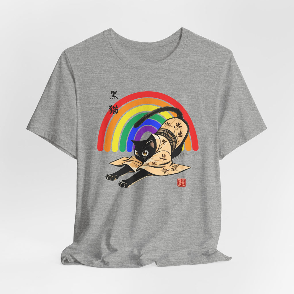 Rainbow Kuro Neko T-Shirt | Yoga Cat Shirt in Black Cat Kimono Design - Kimono Cats Collection