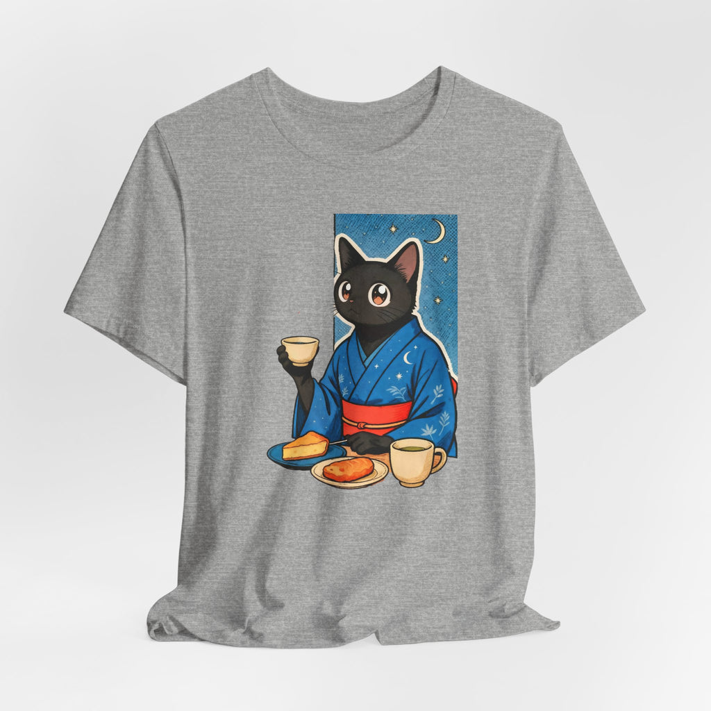 Midnight Tea Cat Shirt - Japanese Kimono Black Cat Tee | Cozy Night Aesthetic
