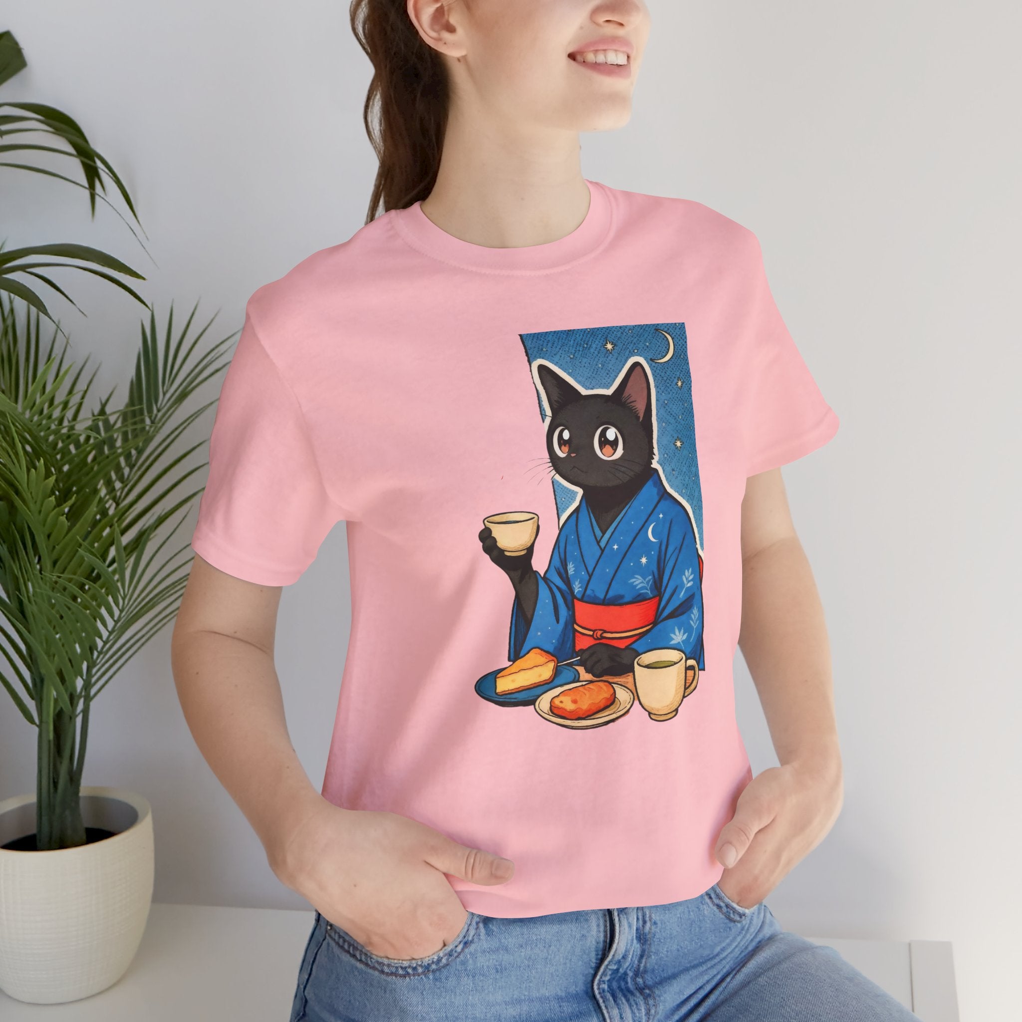 Midnight Tea Cat Shirt - Japanese Kimono Black Cat Tee | Cozy Night Aesthetic