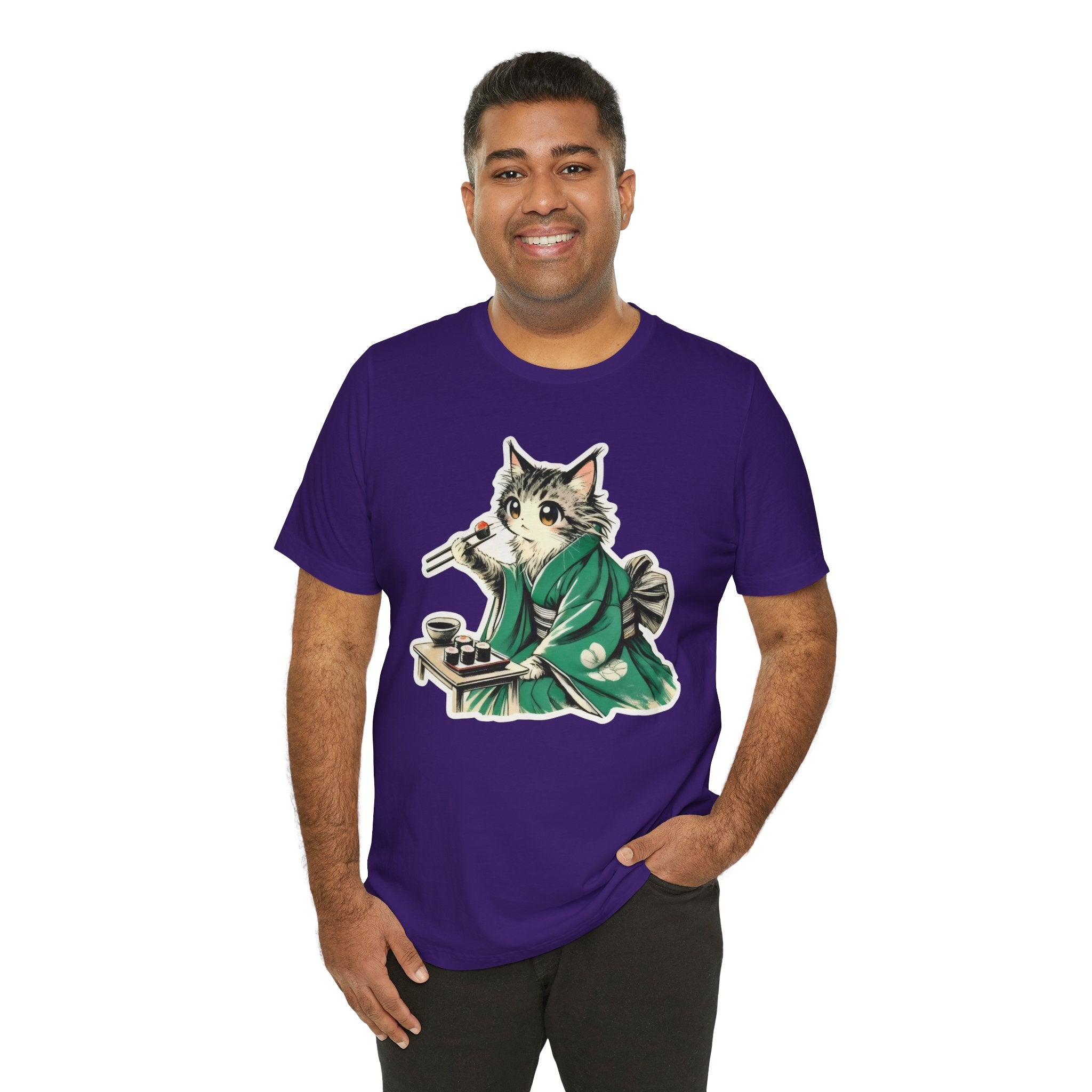 Kat Wearing Kimono T-Shirt - Cute Japanese Cat Illustration Enjoying Sushi - Kimono Cats Collection