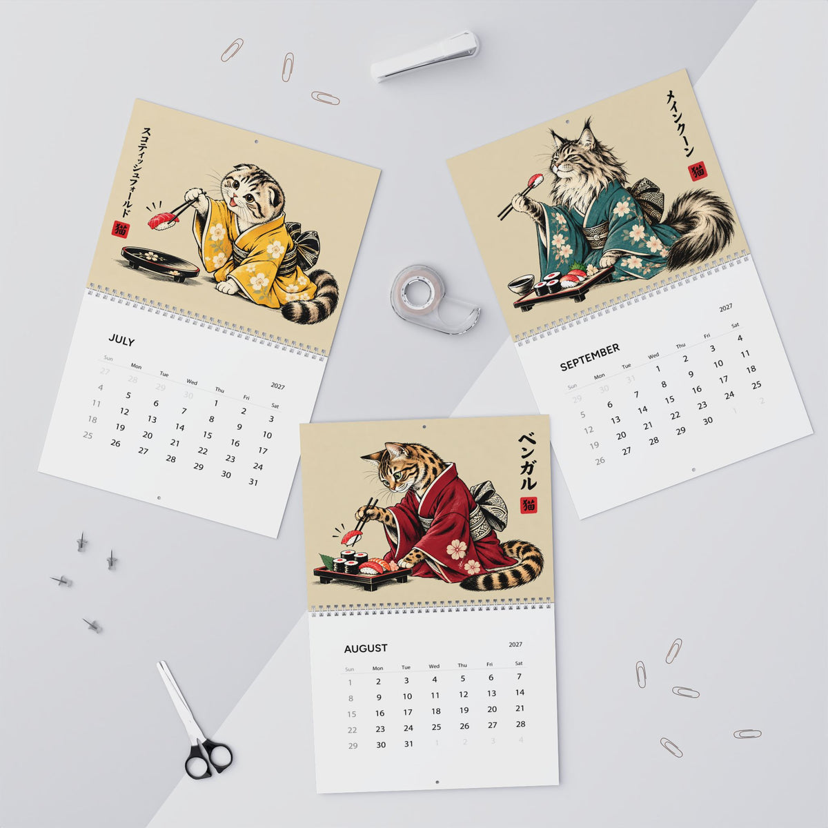 Japanese Cat Sushi Art Wall Calendar 2027
