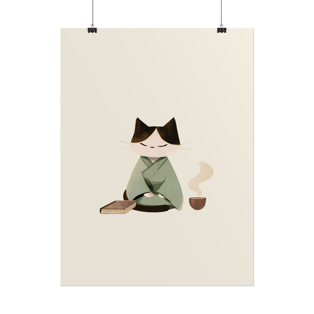 Zen Cat Tea Poster — Minimalist Rolled Art Print