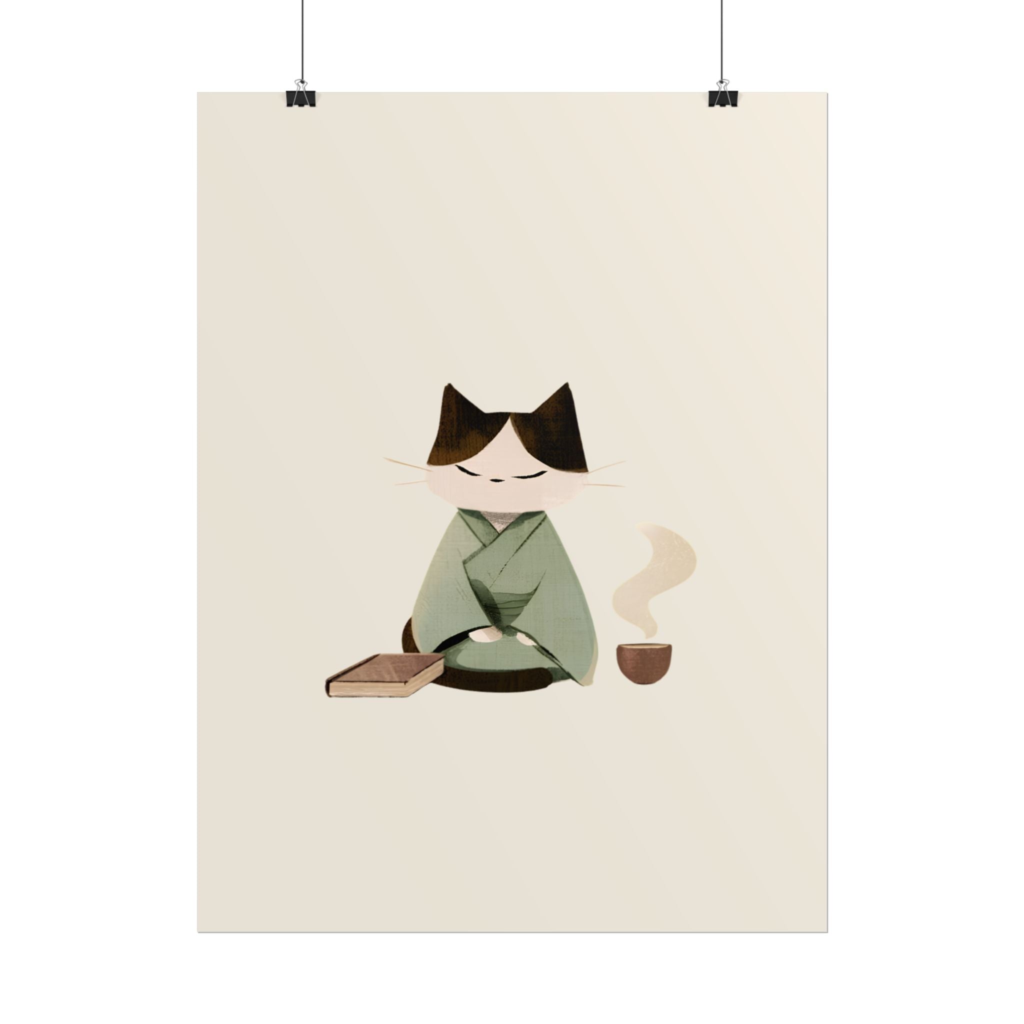 Zen Cat Tea Poster — Minimalist Rolled Art Print