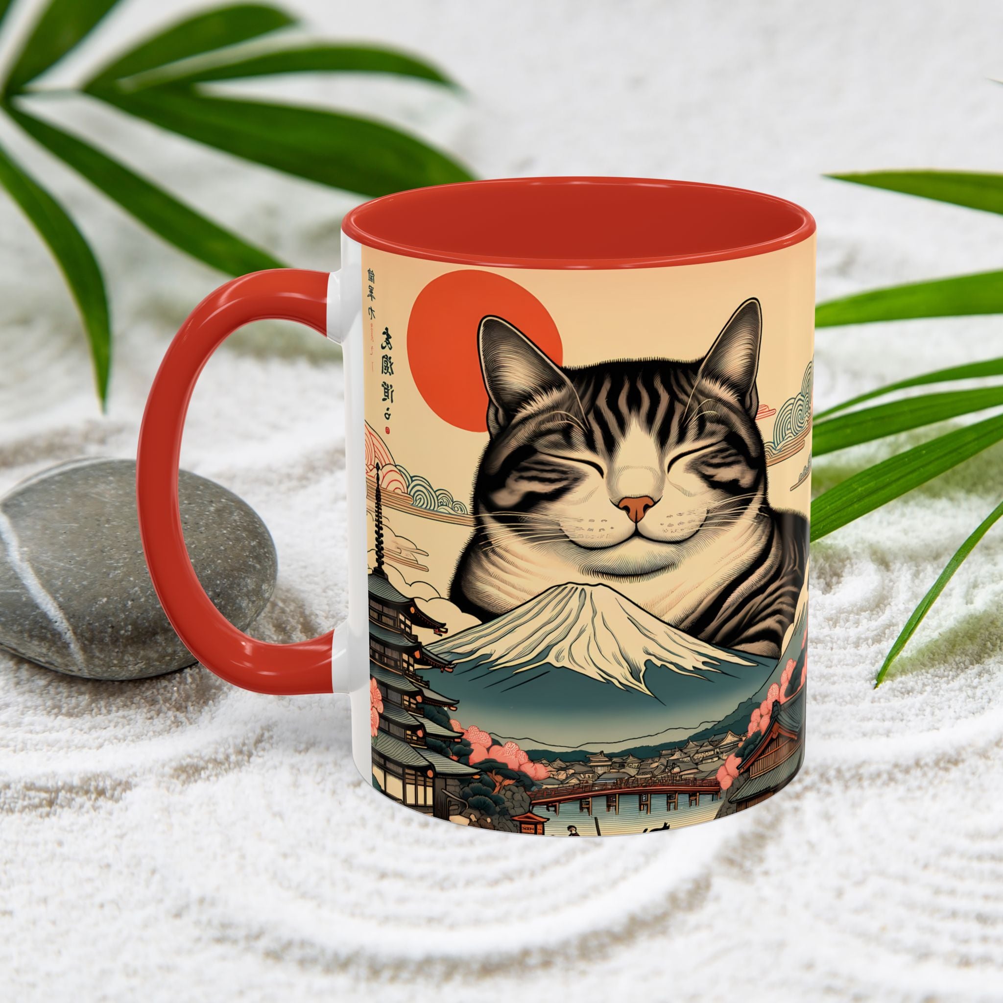 Japanese Fuji Cat Mug - Ukiyo-e Style Gift for Cat Lovers, Pet Mom Coffee Cup, Sleepy Neko Art Design